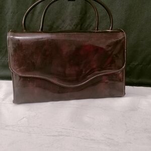 Vintage Style, Oxblood, Patent Faux Leather, Baguette Handbag Shoulder Bag Hard